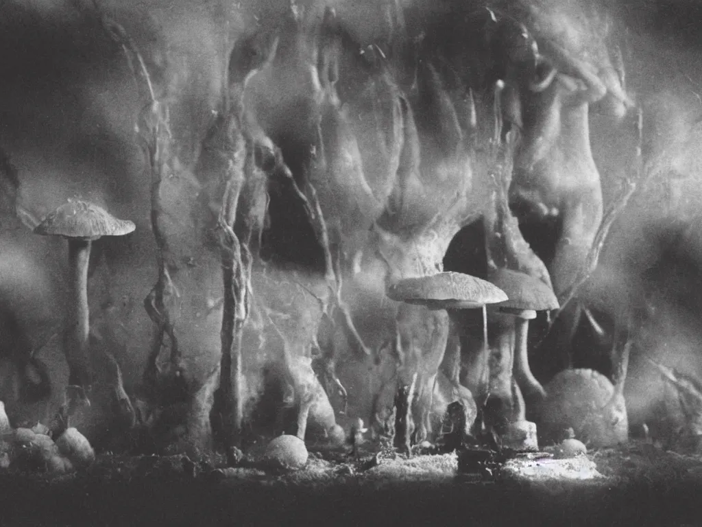 Image similar to scientists in 1 9 0 0's performing experiments on a strange mushroom, daguerreotype, dusty film, horror, sci - fi, volumetric lighting, very detailed, 8 k, cinematic, dusty photograph, by jan svankmajer & henry fuseli & otto rapp,