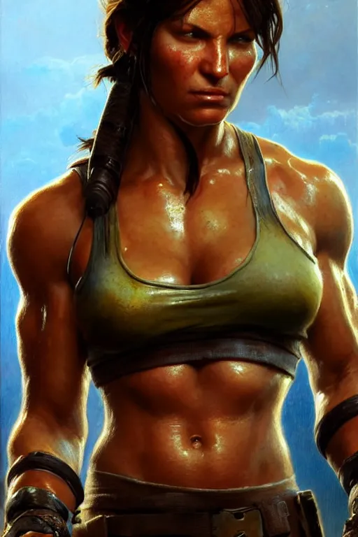 Image similar to muscular sweat lara croft, face close up, highly detailed painting by gaston bussiere, craig mullins, j. c. leyendecker 8 k