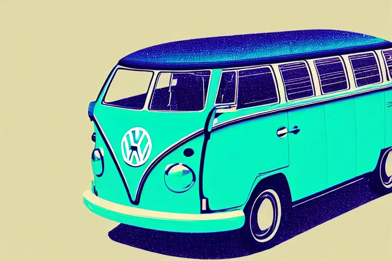 Image similar to vw bus!, in the style of john avon and derek riggs and eva widermann, trending on artstation, halfrear lighting closeup view anaglyph filter, bokeh, anime, colored pencil art, belle epoque