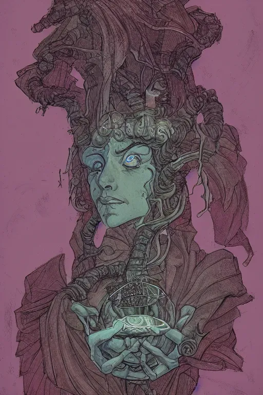 Image similar to apartment gorgon mage , in the style of Greg Broadmore and Arthur Rackham and Moebius,trending on artstation, light lighting side view,digital art,surrealism ,macro,blueprint ,vaporwave ,