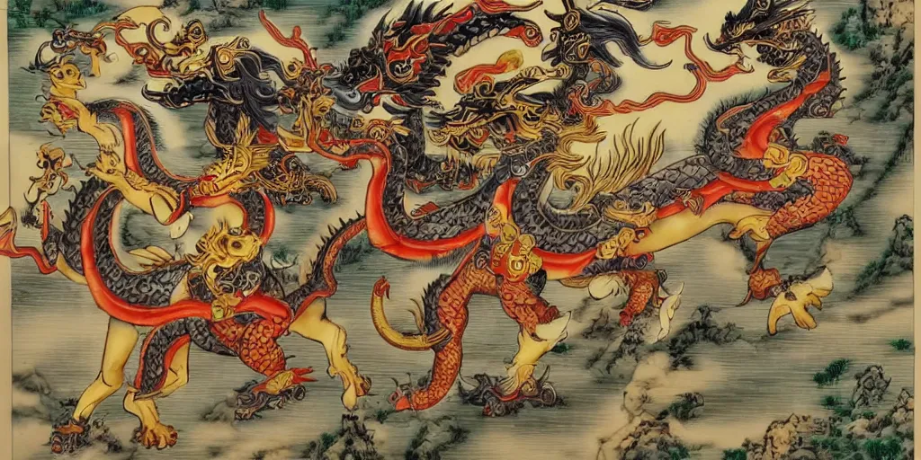 Image similar to chinese god of warcraft controling the four animal guards of the north east south west : : qilin, dragon, tortoise and phoenix, chinese myth, scared animal, legendary creatures of china