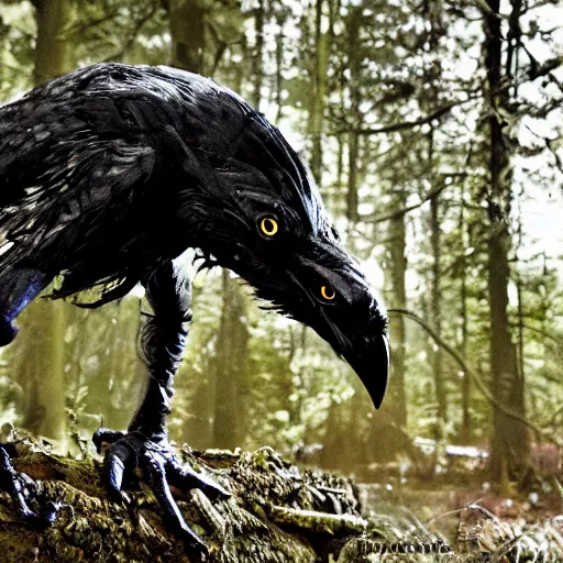 Image similar to werecreature mixture of human and crow, photograph captured in a forest