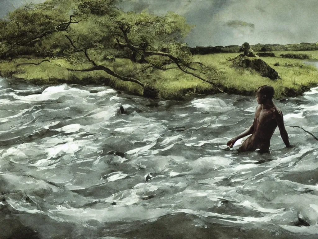 Prompt: Young man swimming in a turbulent river in the afternoon. Acacia trees in the wind, lightning strikes. Painting by Andrew Wyeth