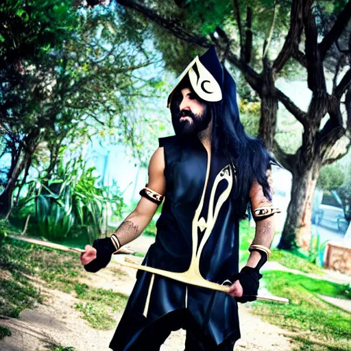 Prompt: Joedat Esfahani, AKA VoyBoy, dressed as Akali from League of Legends. Beautiful handsome bearded artbreeder detailed face.