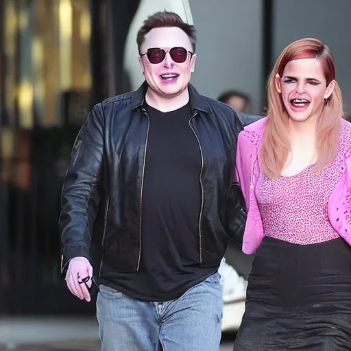 Prompt: elon musk with a pink wig laughing at sad emma watson