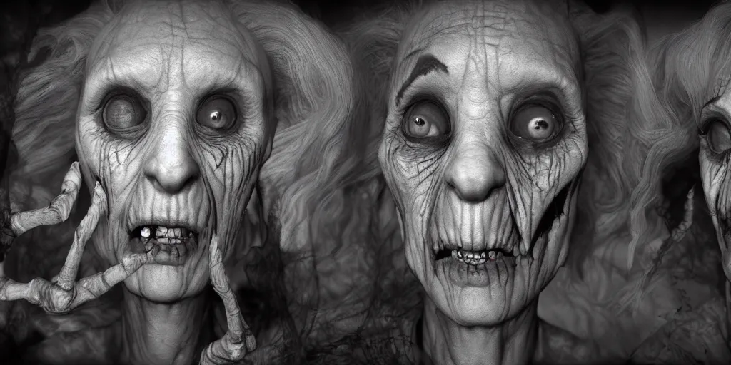 Prompt: photorealistic cinematic of a darkness scene with a scary ugly old woman, highly detailed, inspired by Tim Burton, trending on Artstation, Unreal Engine 4k