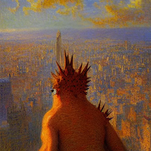 Image similar to monumental hyperrealism, post - impressionism by gaston bussiere. a beautiful drawing of a large, orange monster looming over a cityscape. the monster has several eyes & mouths, & its body is covered in spikes. it seems to be coming towards the viewer, who is looking up at it in fear.