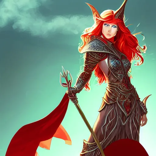 Image similar to a female elven cleric with red long hair, very good beautiful heavy scale armor, wearing a cape, casting a fire spell, dungeon background, magical, bright, colorful, fantastic lighting, amazing details, 4 k uhd, illustration by stephanie brown and mingchen shen and ilya kuvshinov, artstation, pixiv, concept art,