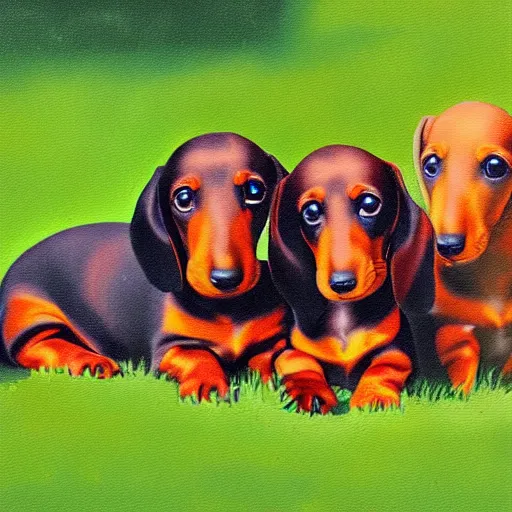 Image similar to color painting of many dachshund puppies nursing,