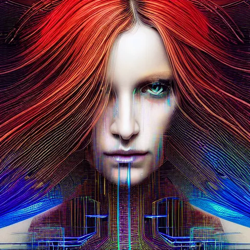 Prompt: hyperrealistic portrait of a mysterious cyberpunk woman with flowing hair, by Lossel Yoann, Johannes Itten, Russ Mills, beautiful, elusive, glitch art, hacking effects, glitch effects, digital tech effects, cybernetics, detailed lines, intricate detail, holographic, chromatic, clear, color blocking, acrylic on canvas, octane, concept art, abstract, red face, front view, 8k, trending on cgsociety, trending on artstation