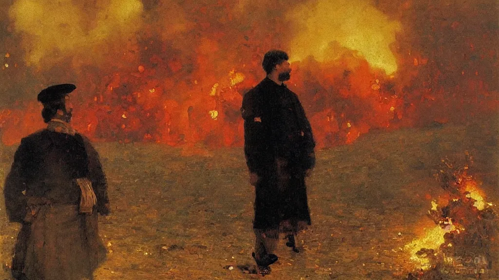 Image similar to high quality high detail painting by ilya repin, man standing in front of huge explosion, hd