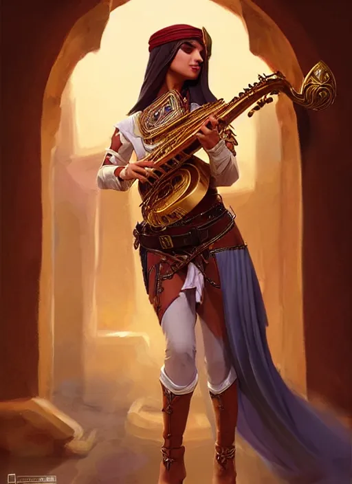 Prompt: a _ fantasy _ style _ portrait _ painting _ of arabian female charismatic bard playing instrument, rpg dnd oil _ painting _ unreal _ 5 _ daz. _ rpg _ portrait _ extremely _ detailed _ artgerm _ greg _ rutkowski _ greg