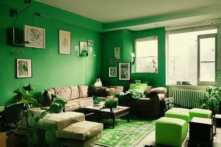 Image similar to apartment organization inspo green and fluffy, in 2 0 5 5, y 2 k cybercore, low - light photography, bathed in the glow of a crt monitor, still from a wes anderson movie