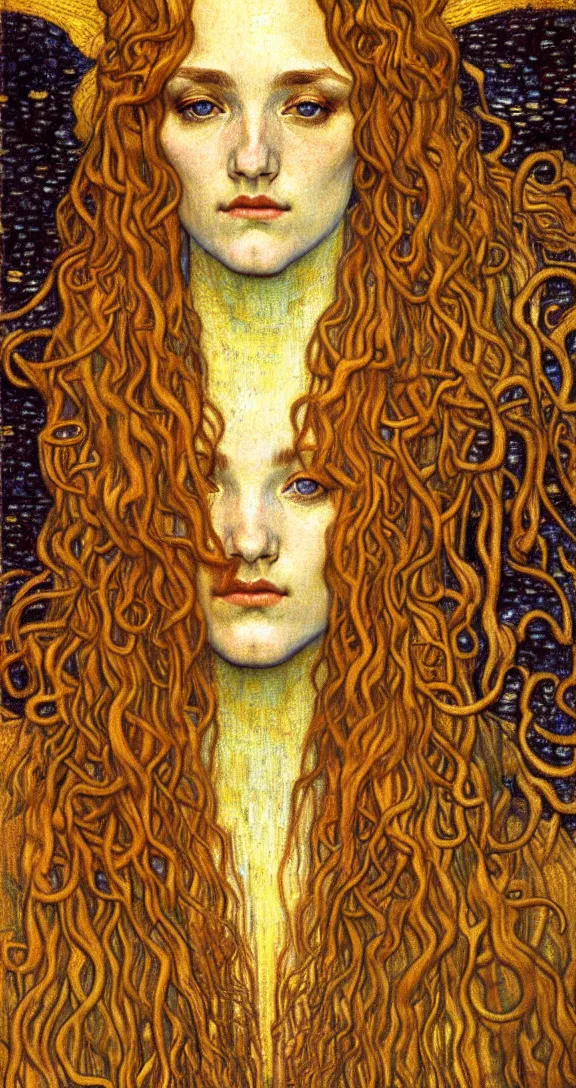 Image similar to detailed realistic beautiful young medieval queen face portrait by jean delville, gustav klimt and vincent van gogh, art nouveau, symbolist, visionary, gothic, pre - raphaelite, muted earthy colors, desaturated