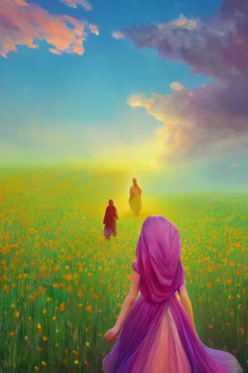 Image similar to giant daisy flower head, girl with veil walking in a flower field, surreal photography, sunrise, dramatic light, impressionist painting, colorful clouds, digital painting, artstation, simon stalenhag