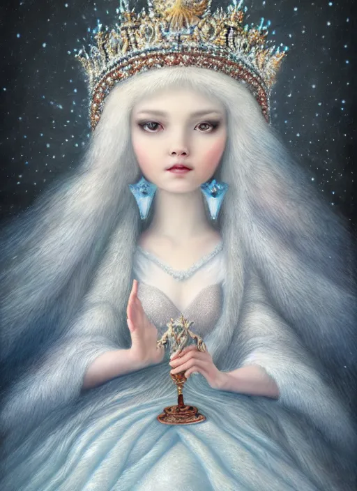 Image similar to highly detailed closeup portrait of a snow, ice princess wearing a crown and sitting on a throne, nicoletta ceccoli, mark ryden, lostfish, earl nore, global illumination, god rays, detailed and intricate environment