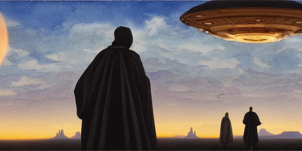 Image similar to a hyperrealist watercolor concept art of a giant ufo from independence day on the horizon of monument valley. a medieval monk in grey robes is in the foreground. golden hour. very muted colors, by rebecca guay, michael kaluta, charles vess. high detail, hq, wide shot, 4 k