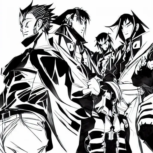 Prompt: Manga ink rough art of Gigachad evil posse