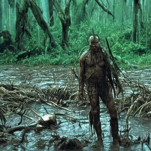 Image similar to cinematic still of jack nicholson, covered in mud and watching a predator in a swamp in 1 9 8 7 movie predator, hd, 4 k