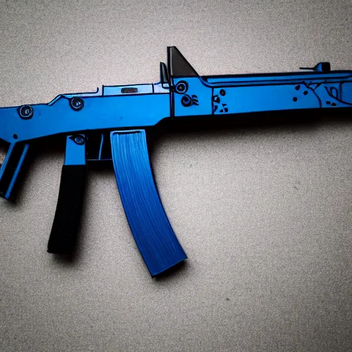 Prompt: a working ak - 4 7, 3 d printed using black and blue filament. 8 5 mm lens, f 1. 8.