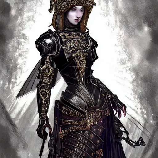 Image similar to beautiful victorian and luxury and goddess and gothic female medieval Black armor knight portrait+shiny eyes+front face with light flowing hair, ultradetail face, ruined gothic cathedral, art and illustration by tian zi and craig mullins and WLOP and alphonse mucha, ssci-fi, fantasy, intricate complexity, human structure, hypermaximalist, fantasy character concept, dynamic lighting, neon light, watermark, blurry, hyperrealism 8k