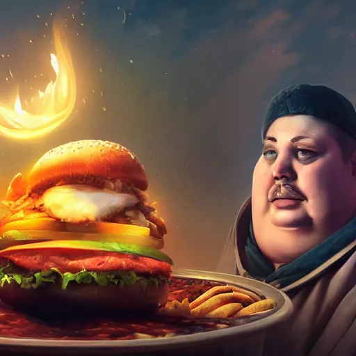 Image similar to fat trailer trash man reaches apotheosis while consuming the sacred hamburger at a mystical BBQ ritual, volumetric lighting, hyperrealistic, top rated fantasy concept art, octane render, 8K HD