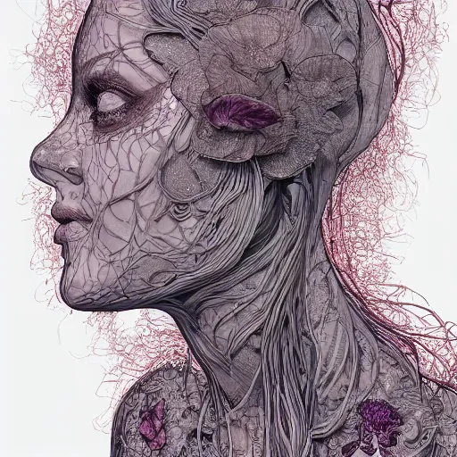 Image similar to the portrait of an incredibly beautiful woman made of potatoes roots and violets, an ultrafine detailed illustration by james jean, final fantasy, intricate linework, bright colors, behance contest winner, vanitas, angular, altermodern, unreal engine 5 highly rendered, global illumination, radiant light, detailed and intricate environment