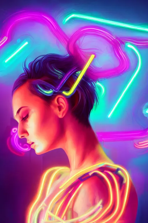 Image similar to a award winning half body portrait of a beautiful woman with stunning eyes in a croptop and cargo pants with rainbow colored ombre hairstyle head in motion and hair flying by thomas danthony, surrounded by whirling illuminated neon lines, outrun, vaporware, shaded flat illustration, digital art, trending on artstation, highly detailed, fine detail, intricate