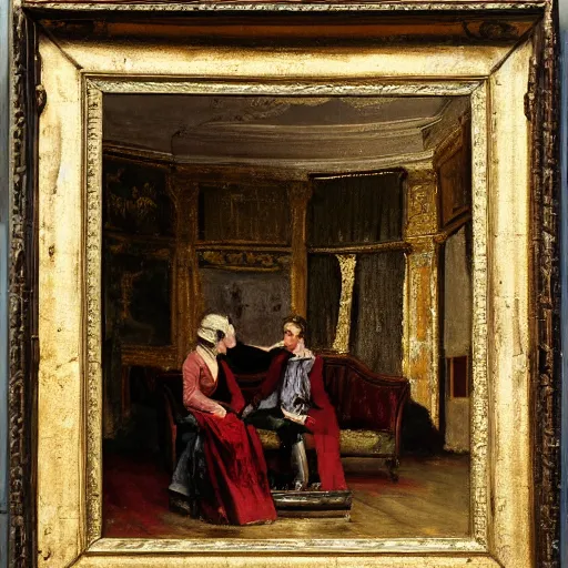 Image similar to a young man and woman chatting in an old theater, by alfred stevens