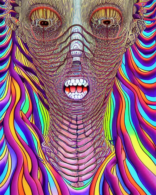 Prompt: Body going through metamorphosis, Conjuring Psychedelic Illustration by Shintaro Kago, ultra realistic, highly detailed, hypermaximalist, 8k, symmetry, grotesque, vibrant,