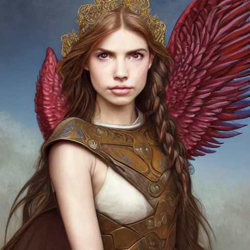 Prompt: portrait of young aasimar angel girl maiden wearing comfy leather armor with beautiful feathered angel wings, cute face, brown eyes, Alison Williams, Emma Roberts, Blizzard, Diablo, by artgerm and greg rutkowski and alphonse mucha and andrei riabovitchev, 4k oil on linen, vivid colors, colorful, high dynamic range, HDR, intricate, elegant, highly detailed, digital painting, artstation, concept art, smooth, sharp focus, illustration