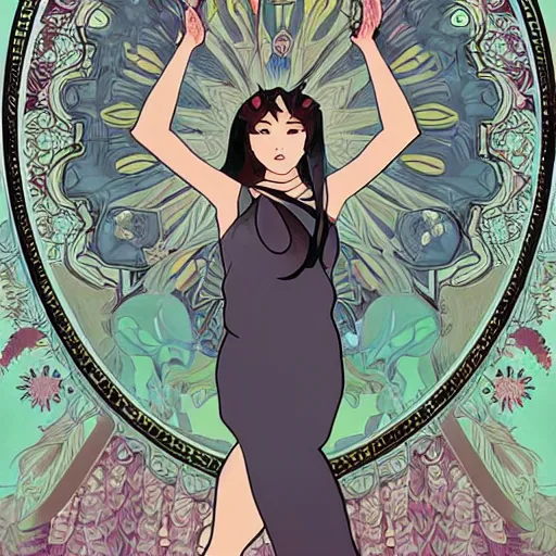 Image similar to hwasa hwasa hwasa in the style of artgerm and alphonse mucha. studio ghibli