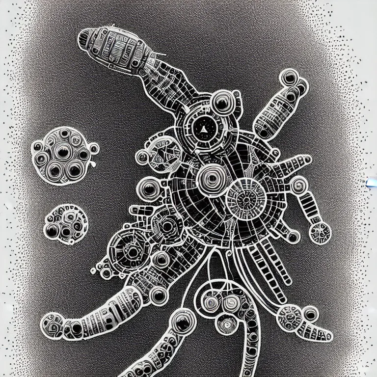 Image similar to a black and white drawing of variety of sea life as a hyperdetailed mech with electronic equipment space station, a microscopic photo by ernst haeckel, zbrush central, kinetic pointillism, intricate patterns, photoillustration