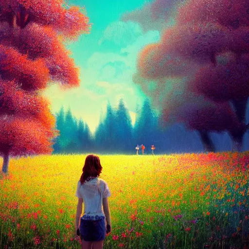 Image similar to girl with blooming face, surreal photography, dream, standing in flower field, hills, big trees, sunrise dramatic light, impressionist painting, colorful clouds, digital painting, pointillism, artstation, simon stalenhag