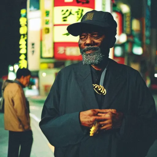 Prompt: old black man in tokyo at night, wearing gold chain, gold rings, cinestill 8 0 0,