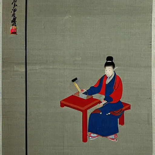 Prompt: the Chinese ancient painting of a lady working at a desktop in Tang Dynasty , by Han Xizai