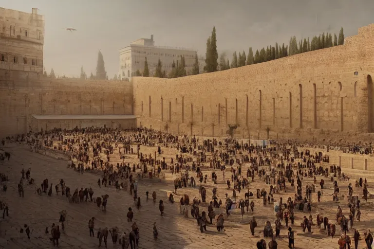 Image similar to the western wall made out of steel, matte painting, long shot, concept art, wide shot, digital art, trending on artstation, 4 k, extremely detailed, realistic, midday, warm colors, golden sunlight, by greg rutkowski, cinematic, epic