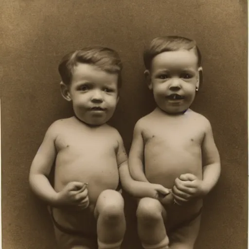 Image similar to photograph of conjoined twins from the 1930s, sepia,