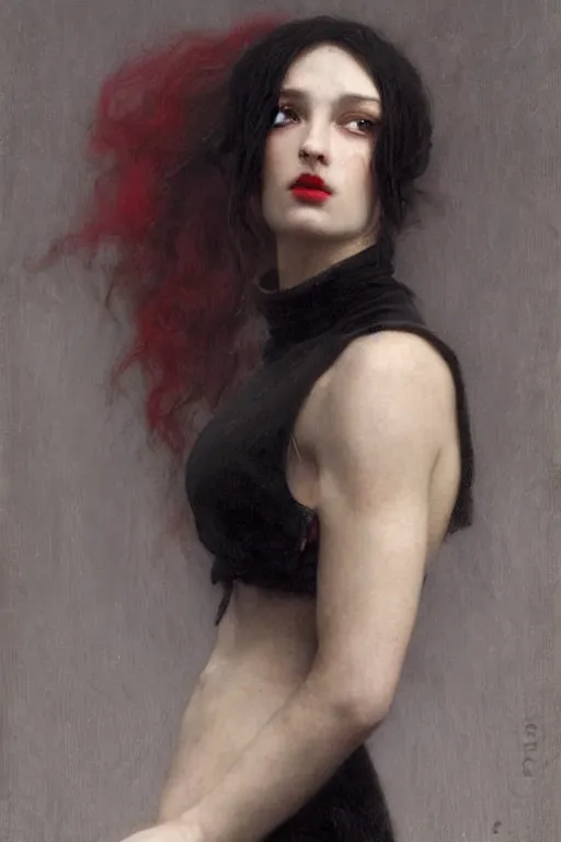 Image similar to portrait of a warrior, slavic woman, very beautiful face, pleasant facial features, red lips, long snow - white hair, black closed velvet dress, leather armor, iron armor, white boots, clothes alexander mcqueen very beautiful style, photorealism, bouguereau, edgard maxence