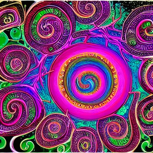 Image similar to a beautiful illustration of a psychedelic spiral tree diagram