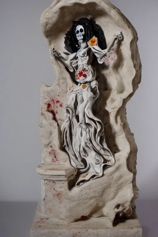 Image similar to full body of La catrina statue sculpted on white marble with blood stains by Bernini and kris kuksi