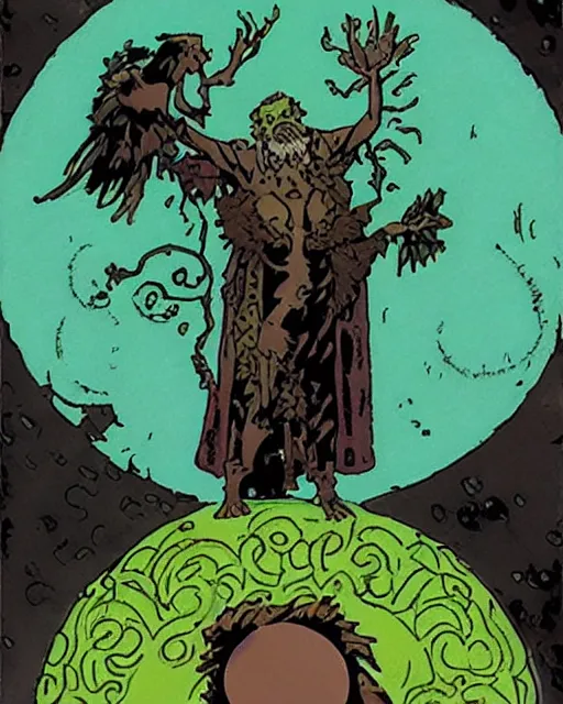 Image similar to a druid standing in a circle at the beginning of the world by mike mignola