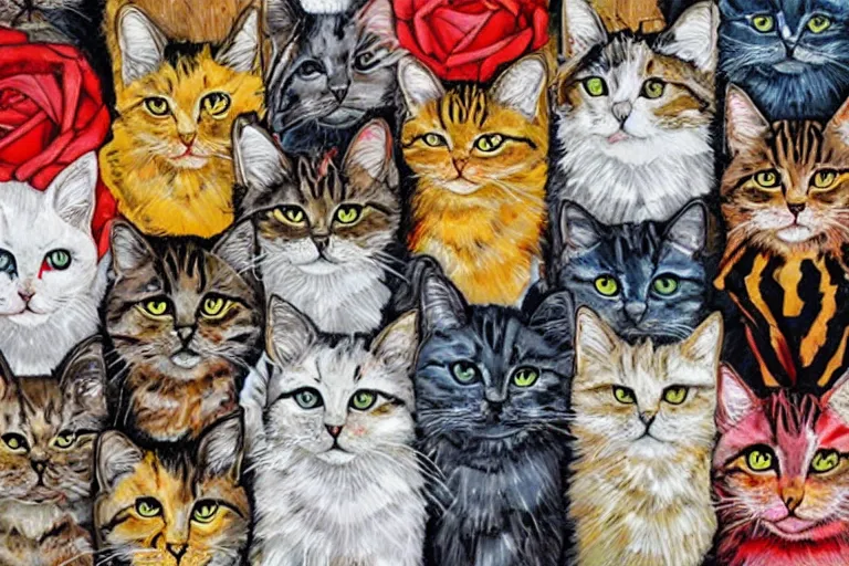 Prompt: a group of cat by Sandra Chevrier, colorful geometric pattern