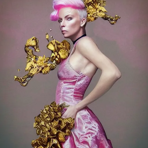 Prompt: “ 8 k, octane render, realism, tonalism, renaissance, rococo, baroque, portrait of charlize theron wearing long - harajuku manga - dress with flowers and skulls, cotton candy!! ( background chaotic gold leaf flowers ) ”