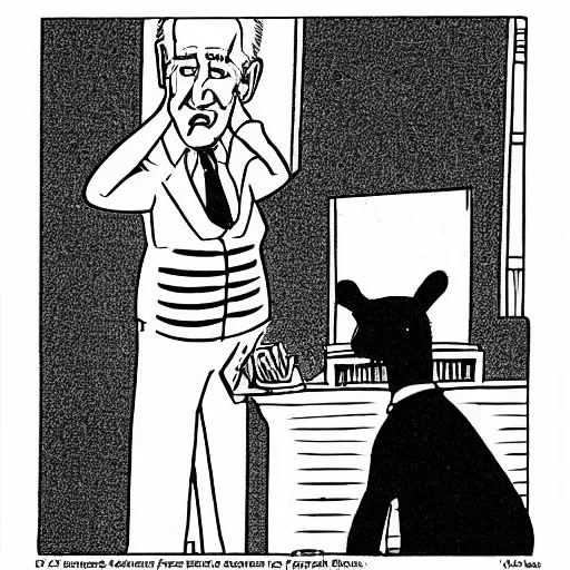 Prompt: The Farside comic of Joe Biden cartoon black and white drawing by Gary Larson