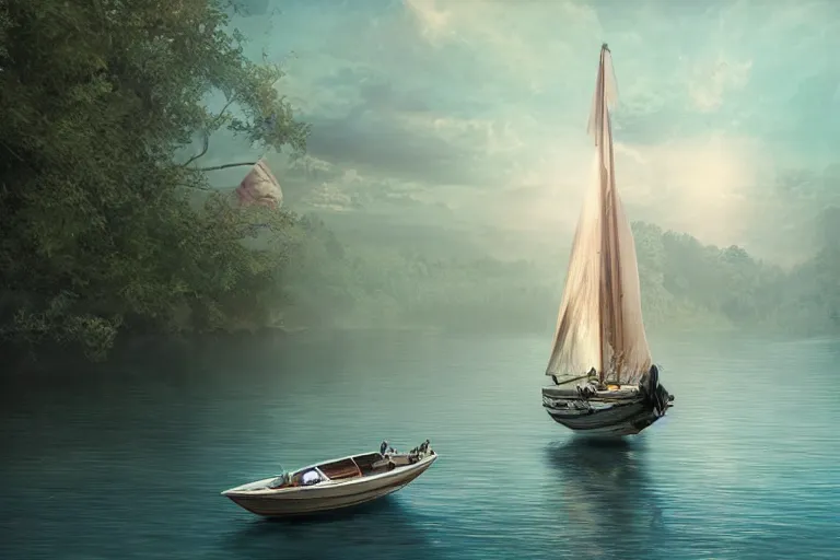 Image similar to sailing boat on a lake of dreams, matte painting, concept art, stunning, ultra sharp focus