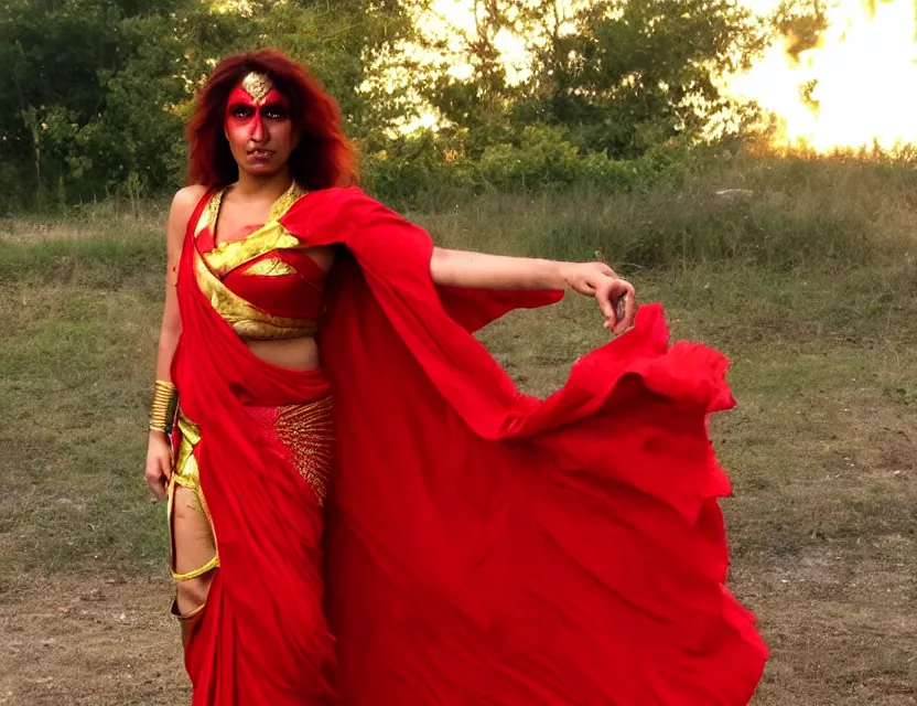 Prompt: half - human half - phoenix pyromancer in a red saree