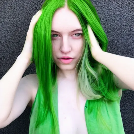 Image similar to a pale girl with green hair, soft facial features, looking directly at the camera, neutral expression, instagram picture