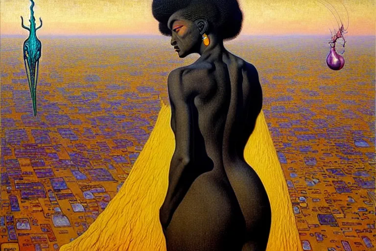 Image similar to realistic extremely detailed portrait painting of a beautiful black woman with an alien, city street on background by Jean Delville, Amano, Yves Tanguy, Ilya Repin, Alphonse Mucha, Ernst Haeckel, Edward Robert Hughes, Roger Dean, rich moody colours