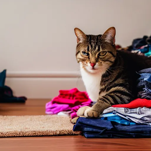 Prompt: a cat in a room full of clothes on the floor, detailed photo, Canon 5D, 50mm lens